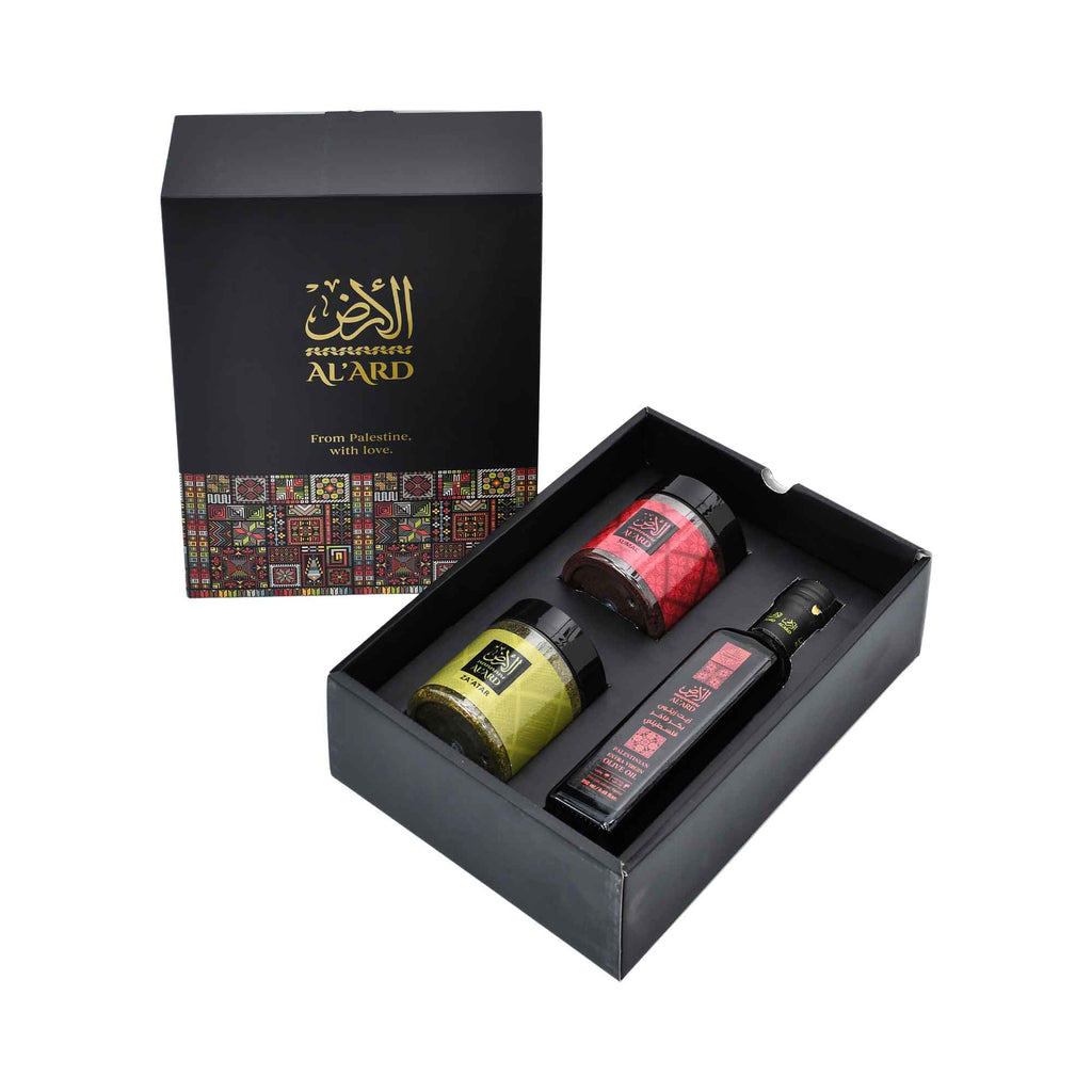 Al Ard Gift Box ( Extra Virgin Olive Oil 250ml, Zaatar 150g and Sumac 120g)